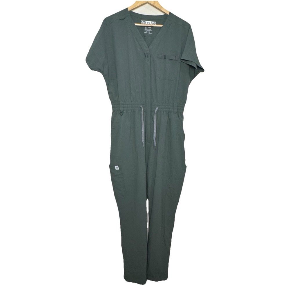 WonderWink Renew Women's Large Jumpsuit 7 Pocket V-Neck Stretch Cargo In Olive - Picture 2 of 16
